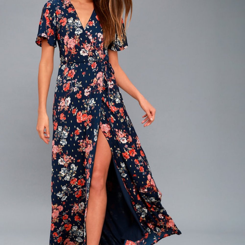 Lulu's Divine Days Navy Blue Floral Print Wrap Maxi Dress S
